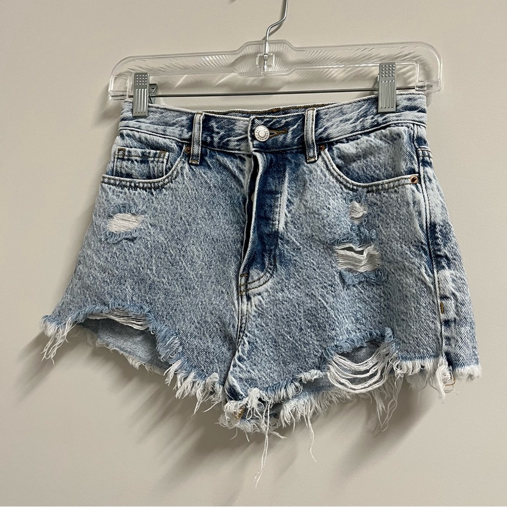 PACSUN Vintage Wash High Rise Denim Shorts Size 25 Distressed Frayed‎ Button